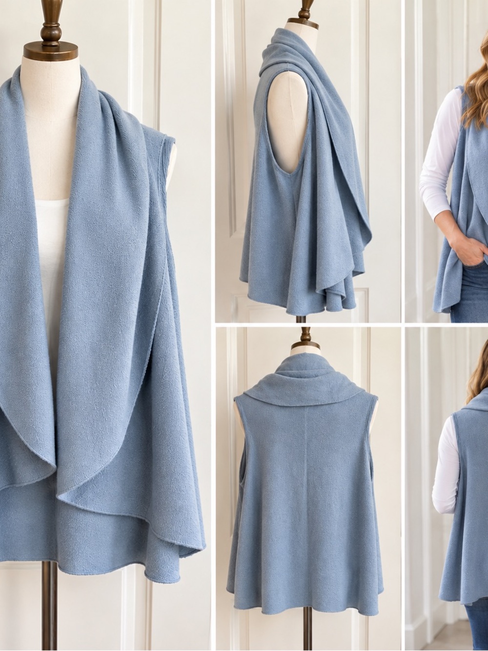 Cozy Open-Front Draped Vest - Dusty Blue